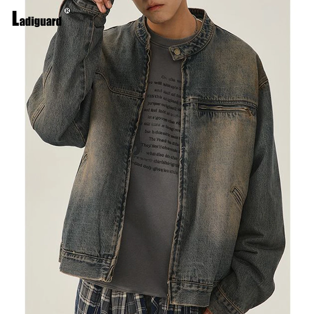 Ladiguard 2024 New Patchwork Denim Jackets America Europe Style Fashion Zip Up Jean Denim Jacket Men Vintage Street Demin Coats