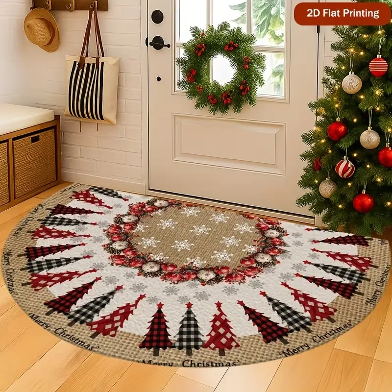 VIKAMA Half-Circle Christmas Doormat, Buffalo Check Christmas Tree Non-Slip Entryway Rug, Entryway and Porch Mat, Home Decor