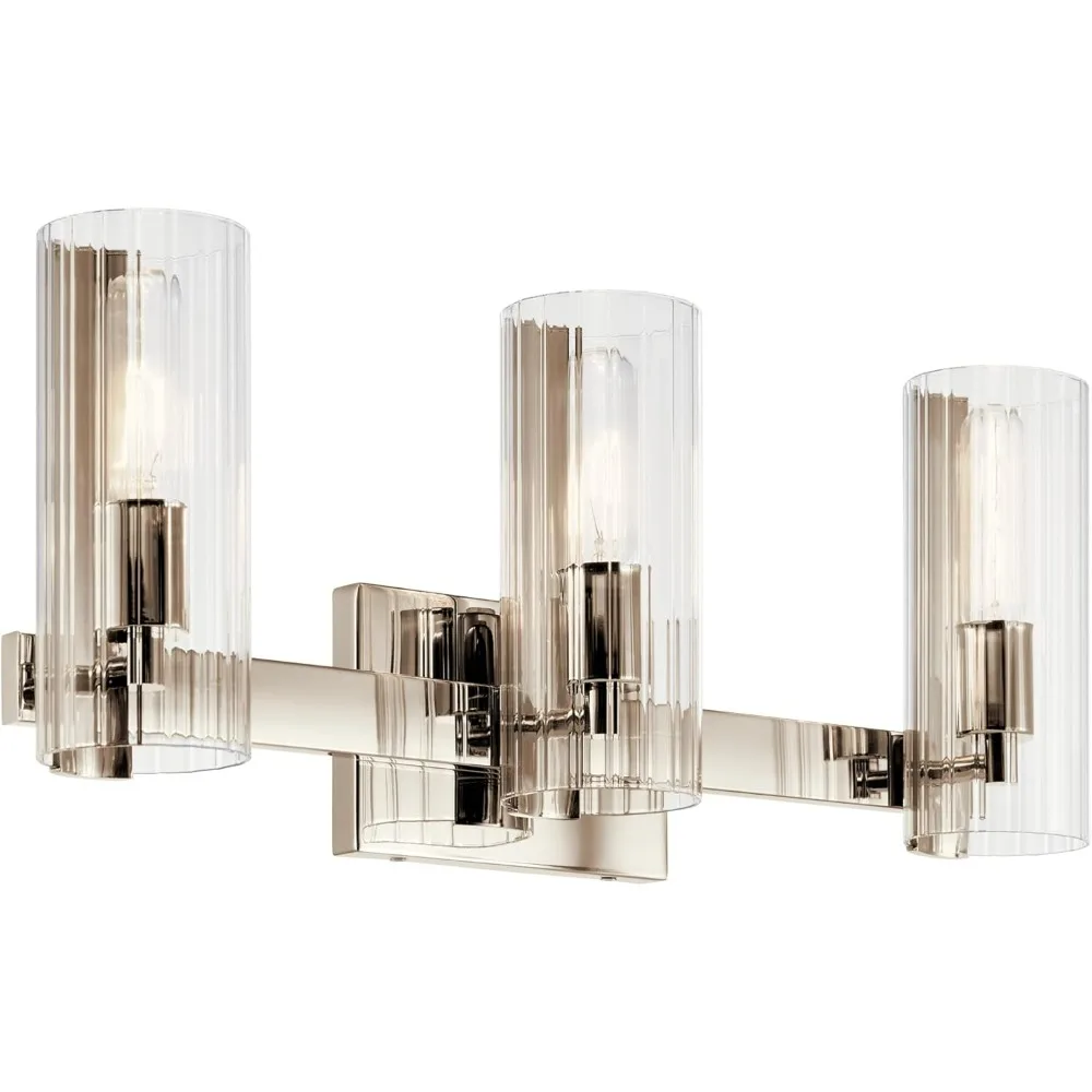 Jemsa 3 Light Vanity, Modern Light with Clear Fluted Glass in Polished Nickel for Bathroom or Powder Room (9.75