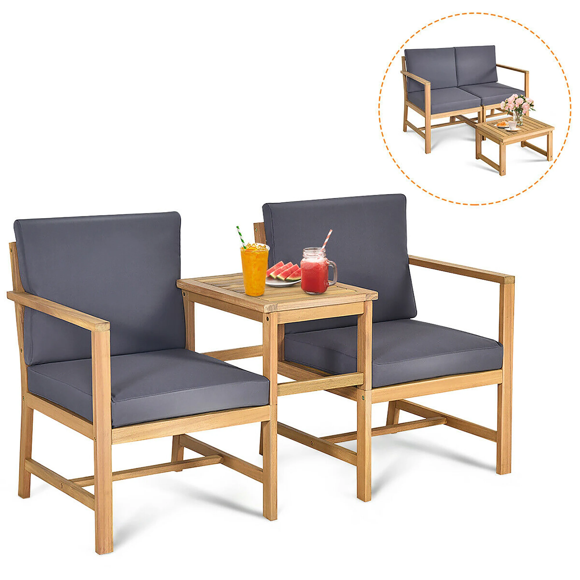 3 in 1 Patio Table Chairs Set Solid Wood Garden Furniture