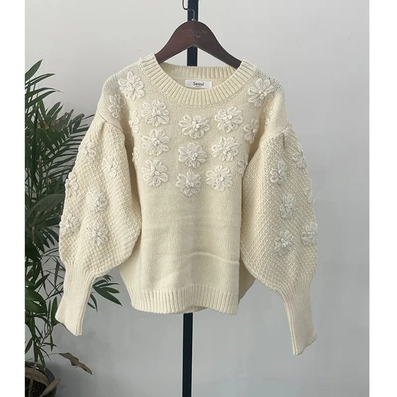 EWQ Vintage Woman Sweaters O-neck Lantern Sleeve Knit Pullovers Tops 3D Embroidery Floral Jumper Autumn 2024 Winter New Fashion