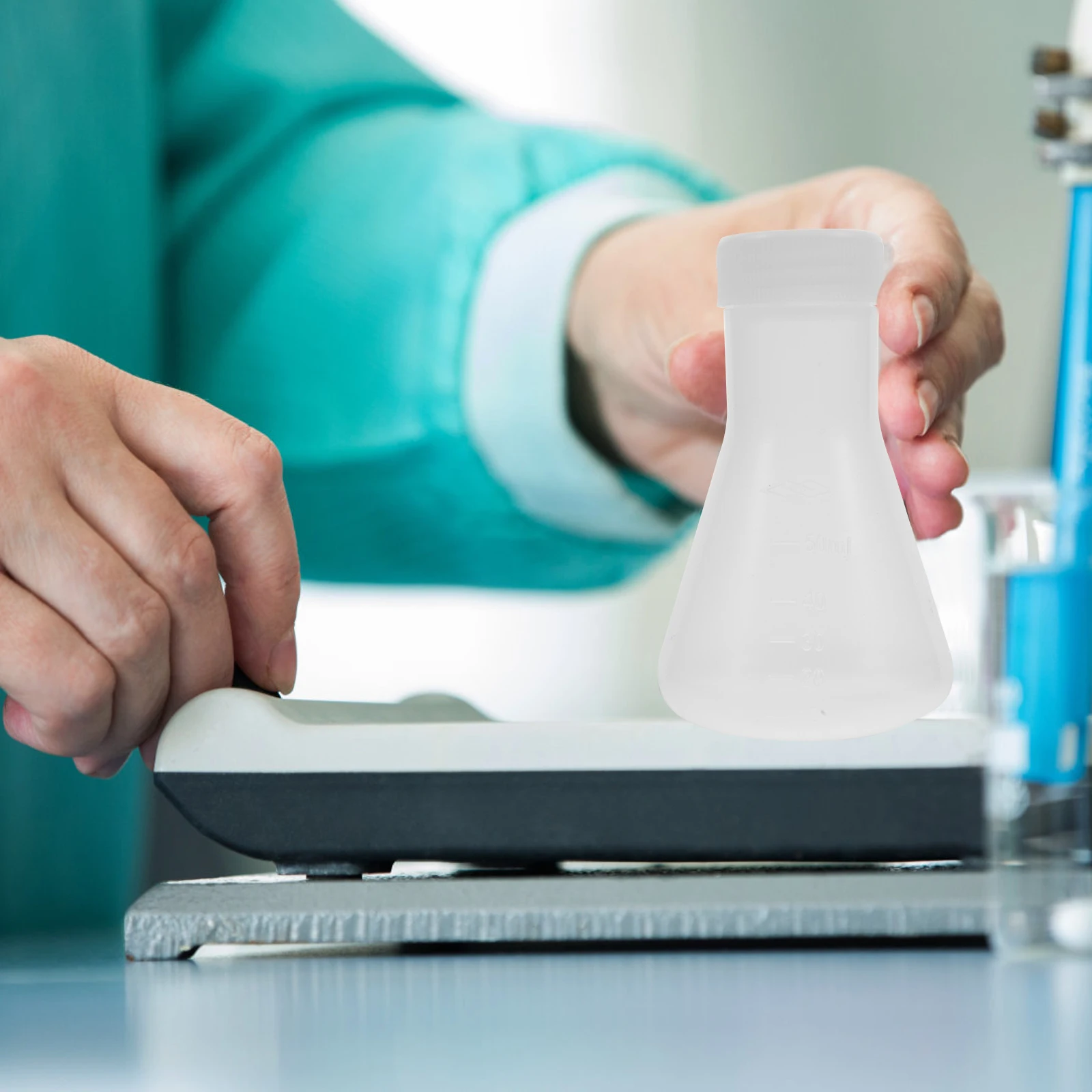 Matraz cónico de PP de 50ml, vaso de laboratorio con tapa para educación química Erlenmeyer, 10 Uds.