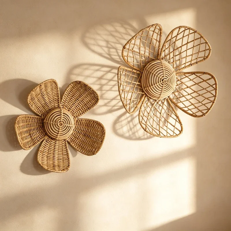 Nordic Rattan Flower Wall Hanging Decor Hand‑Woven Floral Wall Ornament Living Room Bedroom Background Wall Decoration