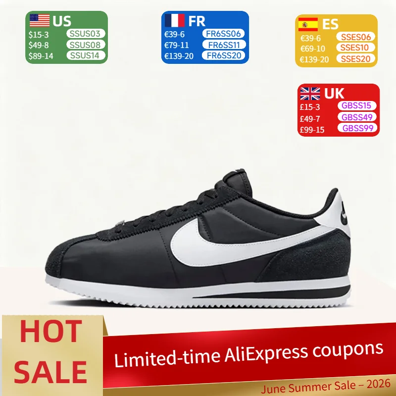 Tênis Casuais Masculinos Nike Cortez Confortáveis, Esportivos, Macios, Ajuste Perfeito, Amortecidos, Antiderrapantes, Cano Baixo – Preto e Branco HF0263-001