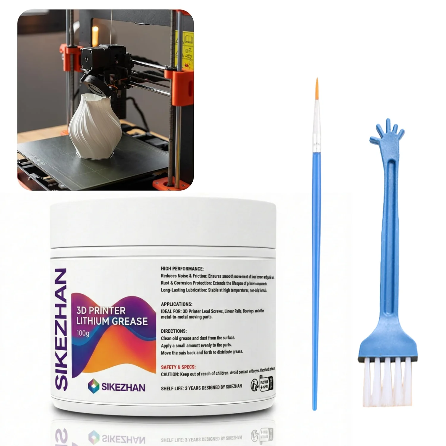 

Комплект литиевой смазки для 3D-принтеров, 100 г, для ходовых винтов, линейных направляющих и подшипников, снижает шум, антикоррозийная защита, с щетками