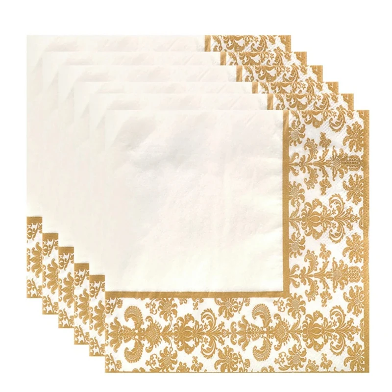 100 guardanapos descartáveis do papel do tecido da guardanapo da impressão do ouro dos pces para restaurante e hotel (dourado + branco)