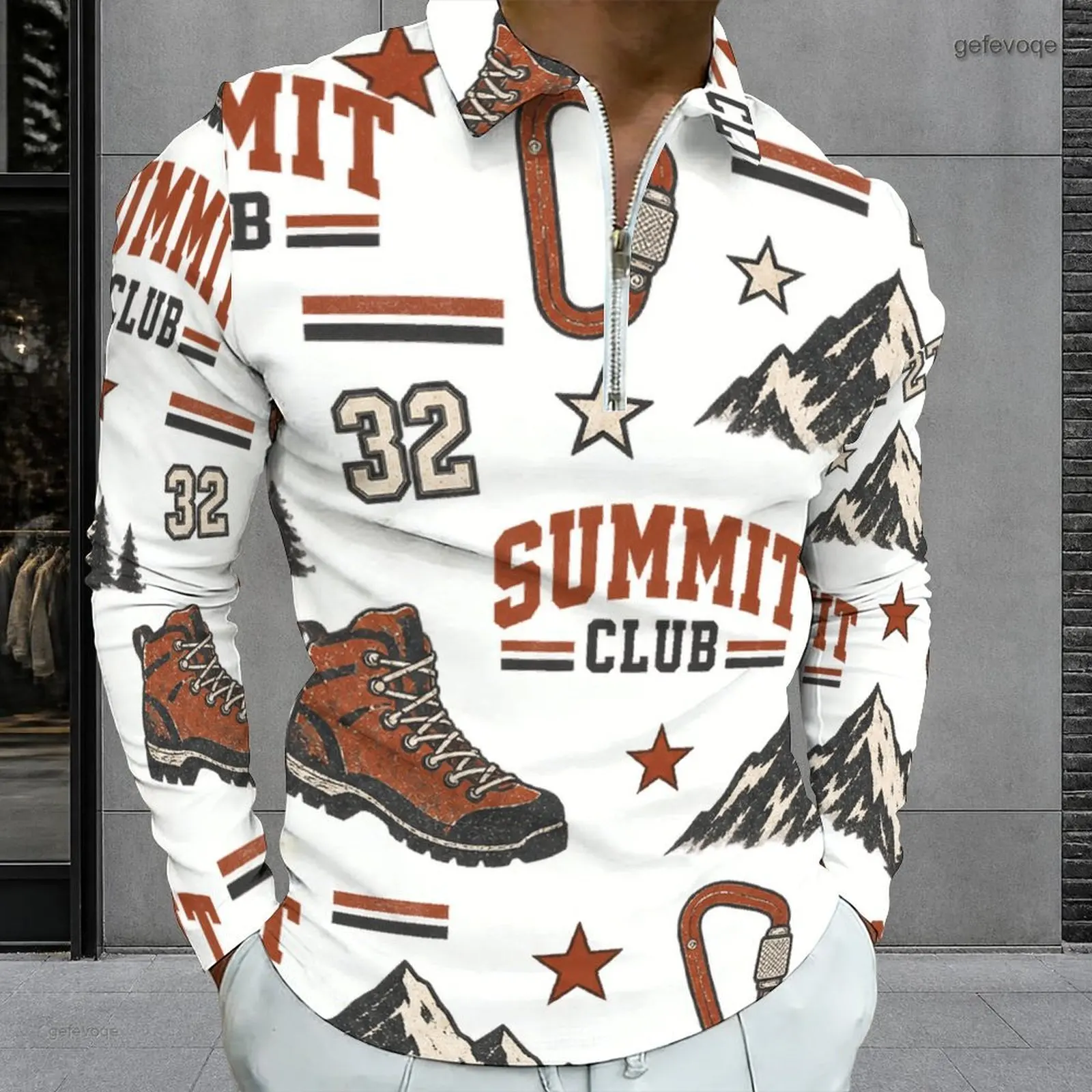 Men Printed Long Sleeve Quarter Zip Polo Shirt, White Base with Hiking Boot, Mountain, Summit Club Pattern