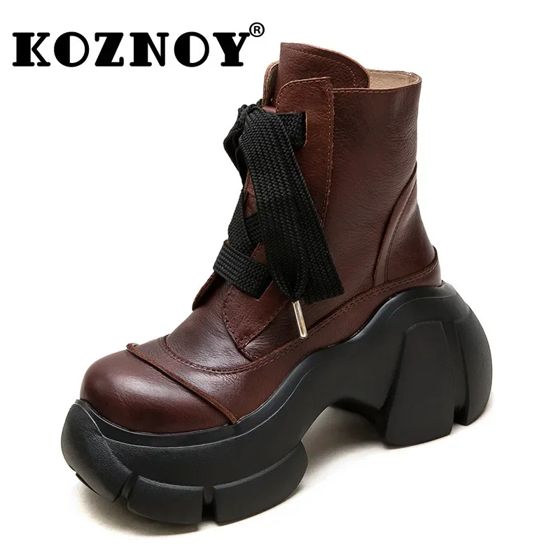 Koznoy 7cm Natural Cow Genuine Leather Motorcycle Spring Moccasins Chimney Boots Women Ladies Fashion Ankle Booties Autumn Shoes