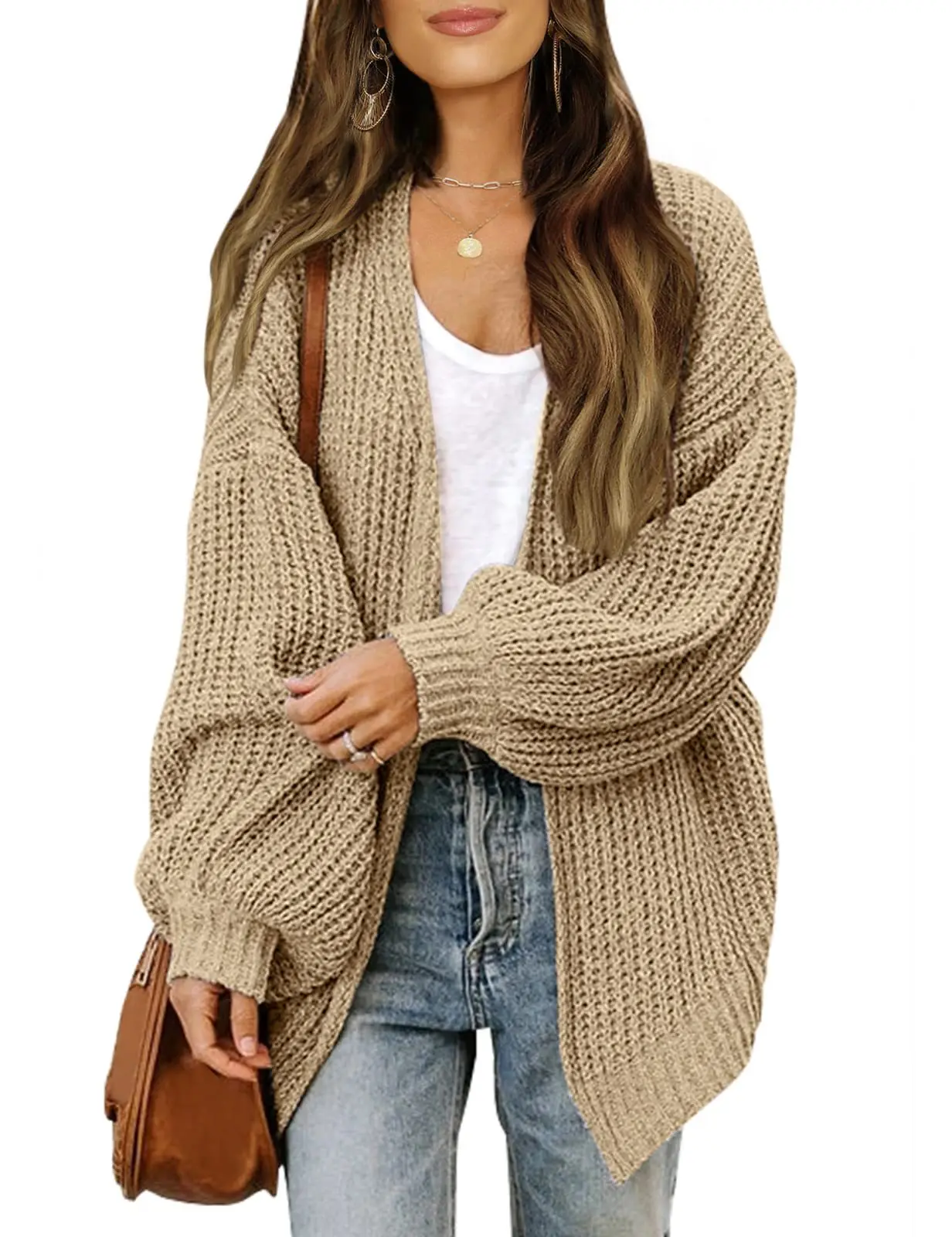 Amazon Women\'s Lantern Sleeves Thick Needle Cardigan Autumn and Winter New Style Pocket Knitted Sweater Women\'s Coat Trend