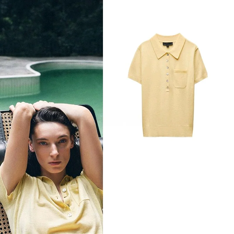 

Spring New Women's Loose Knitted ort Sve irt Simple Button Decorated Flip Collar Casual Comfortable Polyester Fiber