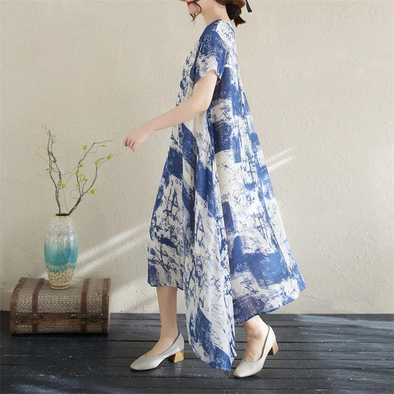 سفر طويل Dr round Ne V-Ne مطبوع من القطن والكتان فضفاض مناسب للتخسيس وحاشية غير متماثلة وطباعة زهور للوسائط المائية