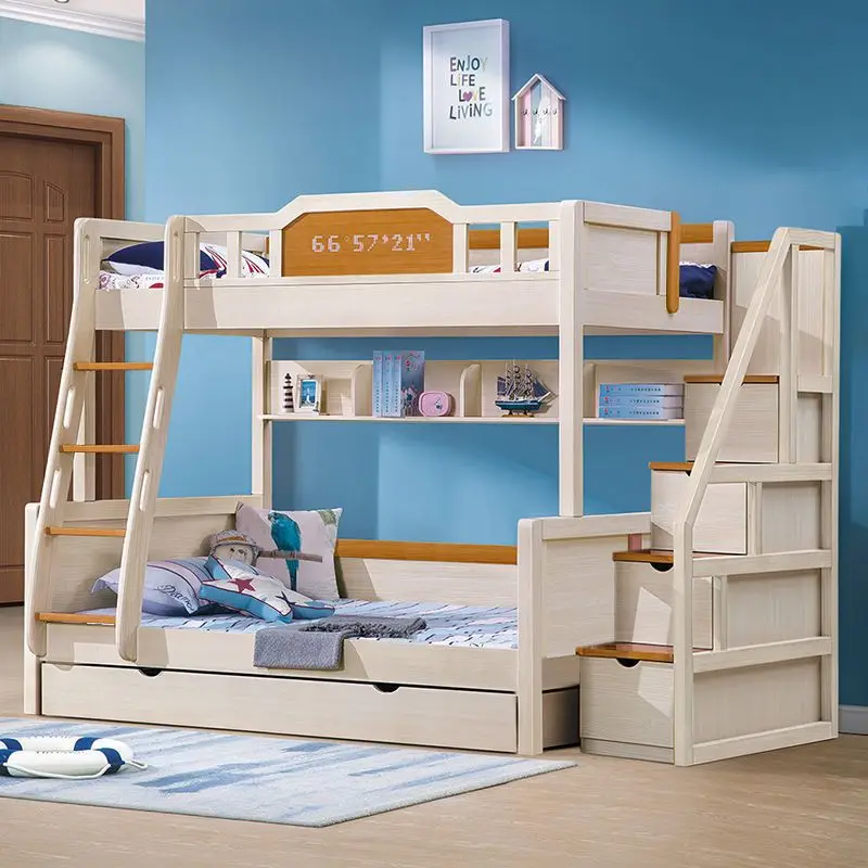상하층 침대 어린이 침대 높낮이 조절 침대, 원목 소형 아파트 다기능 어린이 및 엄마 침대