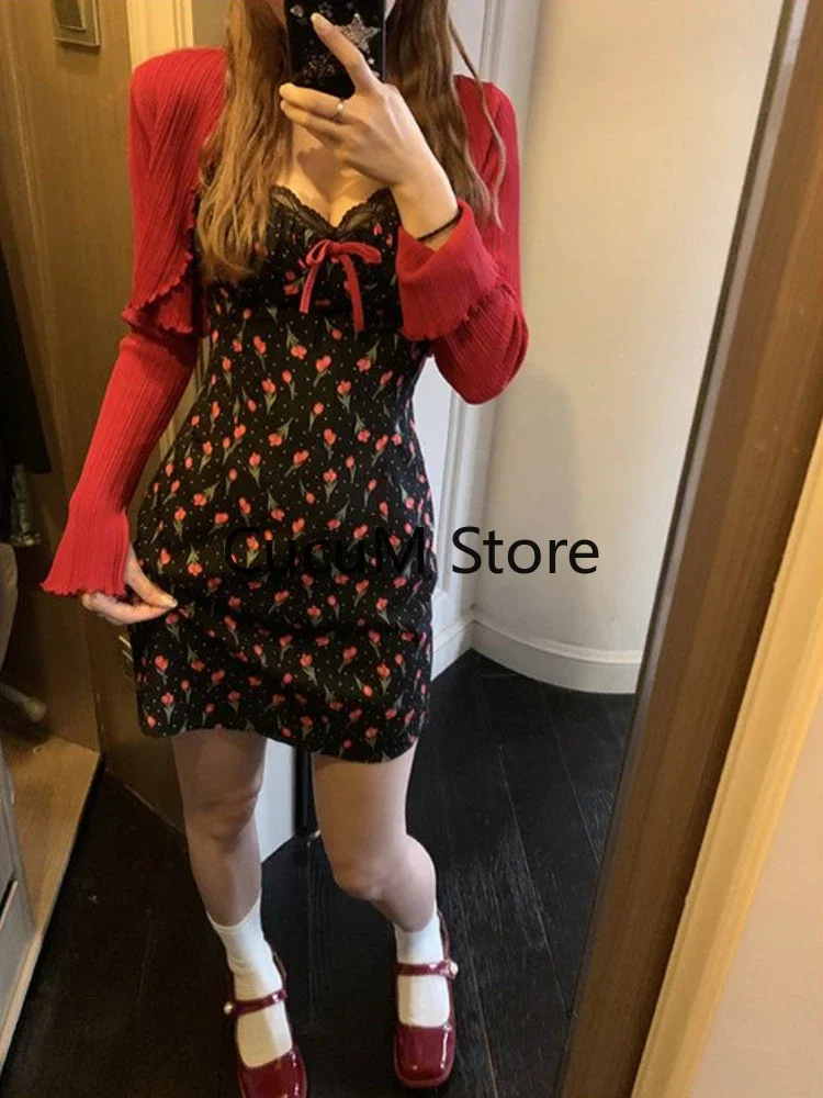 2023 Autumn New Sweet 2 Piece Dress Set Woman Red Short Cardigan Tops + Strap Floral Y2k Mini Dress Party Korean Fashion Suit