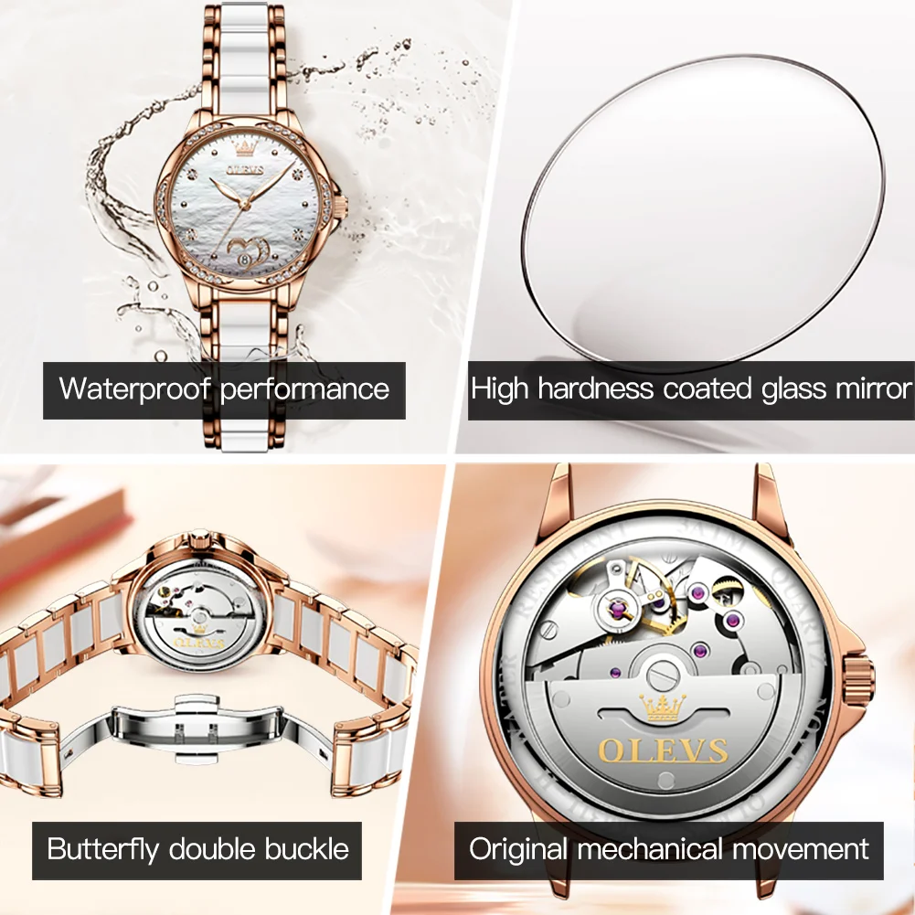OLEVS Women's Automatic Mechanical Watch Date Ladies Wristwatch Luxury Ceramic Fashion Women Watches Stainless Steel Reloj Mujer