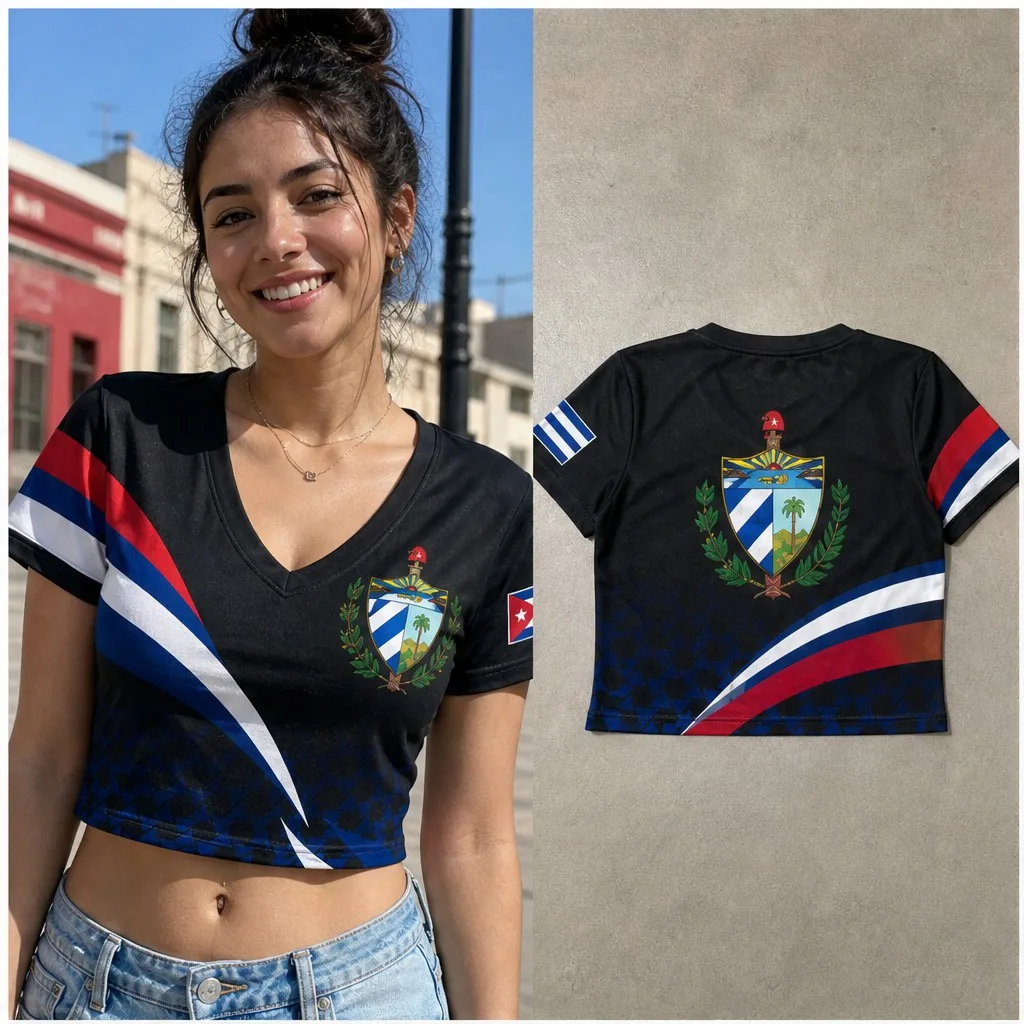 Womens Cuba V Neck Short Sleeve Crop Top Crest Flag Stripe Graphic Casual Summer Shirt for Street Travel Holiday Everyday Styles