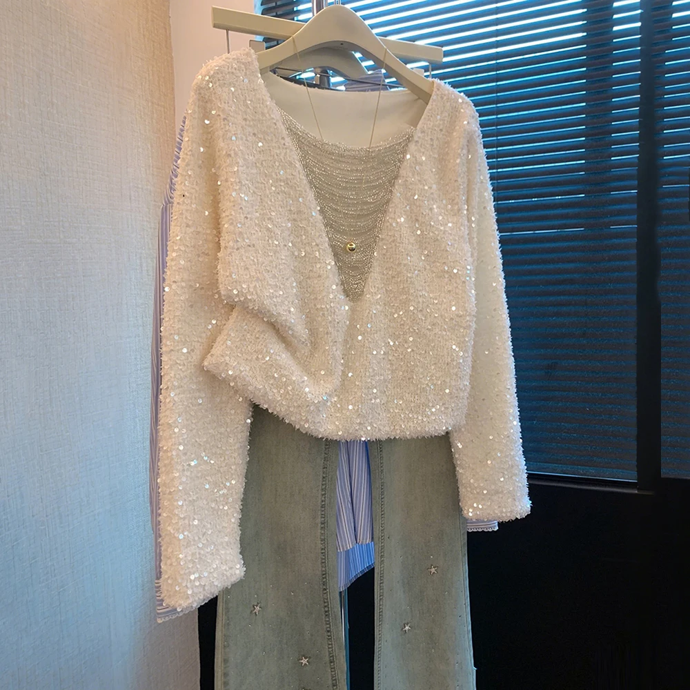 

Элегантная блестящая блузка с пайетками, женская зимняя рубашка во французском стиле, высококачественная кружевная блузка с V-образным вырезом, расшитая бисером, с бахромой и кисточками, пуловер-топ
