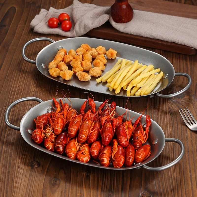 Retro Oval Shaped Seafood Plate Small Barbecue Restaurant Tableware Home Lobster Cheese Western Dish Stainless Steel Fish Plate