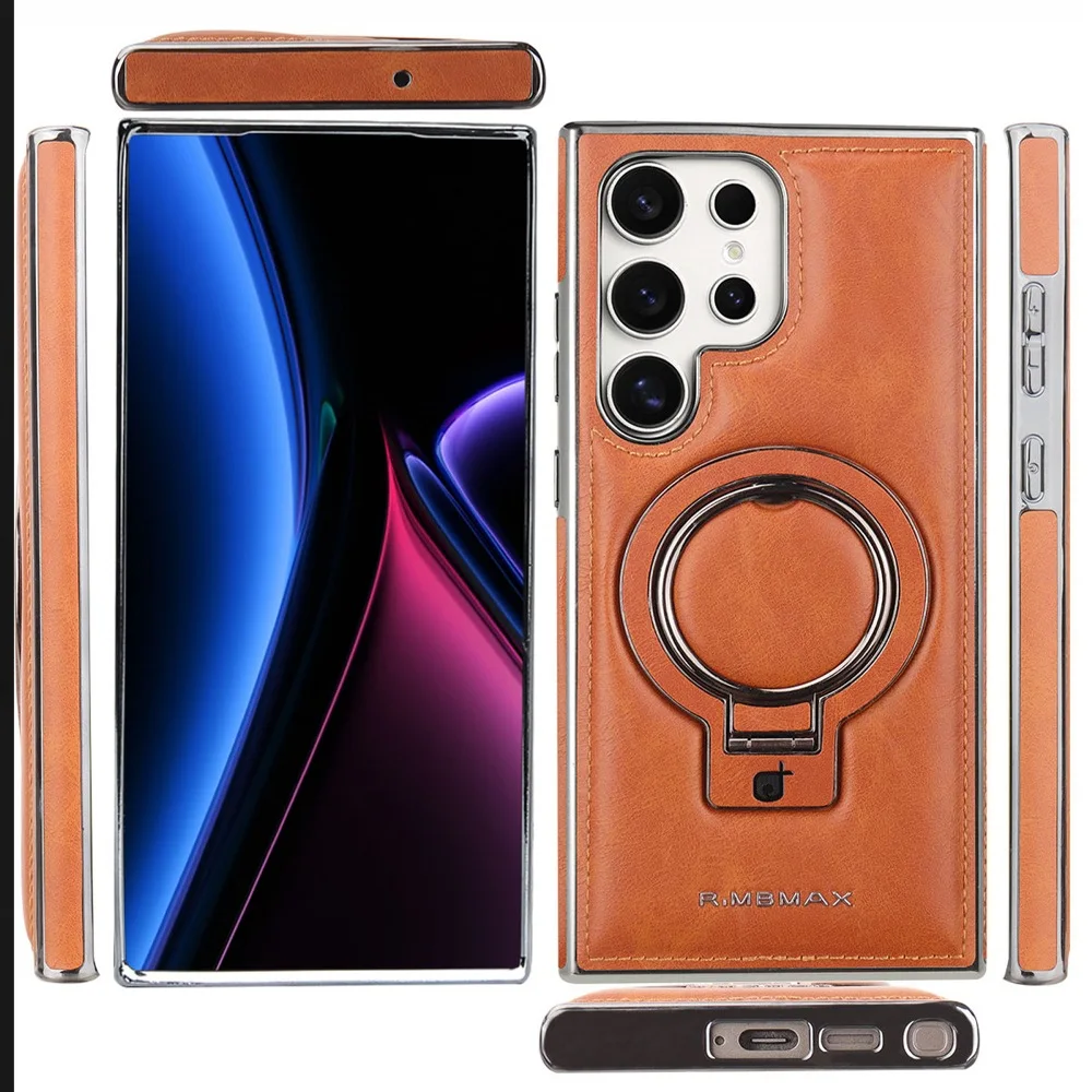 Retro Solid Color Leather Magnetic Charging Phone Case for Samsung Galaxy S24 S23 S25+ S26 Ultra with Back 180° Rotatable Holder