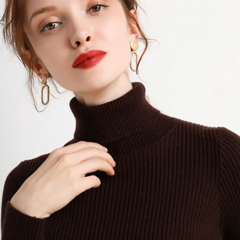 

Простой женский свитер с высоким воротником во французском темпераментом, модный и элегантный теплый толстый пуловер с длинными рукавами