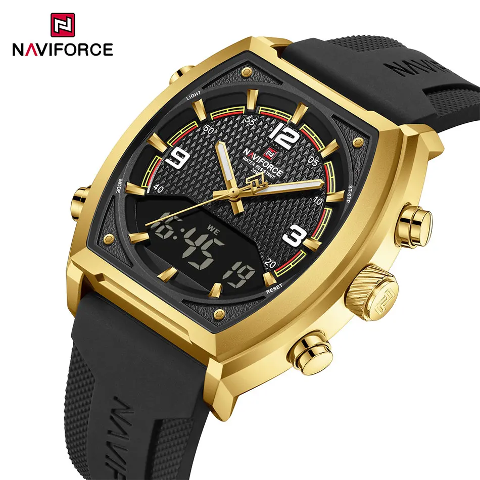 

NAVIFORCE мужские военные часы с двойным дисплеем, новые кварцевые наручные часы с циферблатом Tonneau, мужские водонепроницаемые спортивные часы, аналоговые цифровые часы