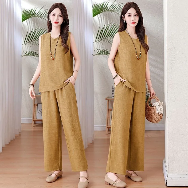 

Women's Linen Blend Sleeveless Top & Wide Leg Pants Two Piece Set