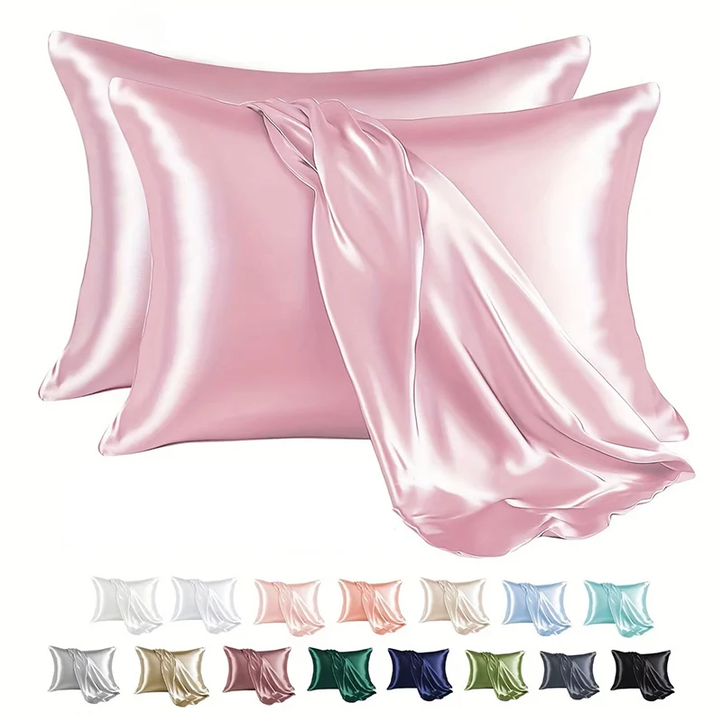 2 Pair Satin Pillowcase - Anti-Allergy Breathable Bedding Polyester Satin with Envelope Closure Machine Washable & Skin-Friendly