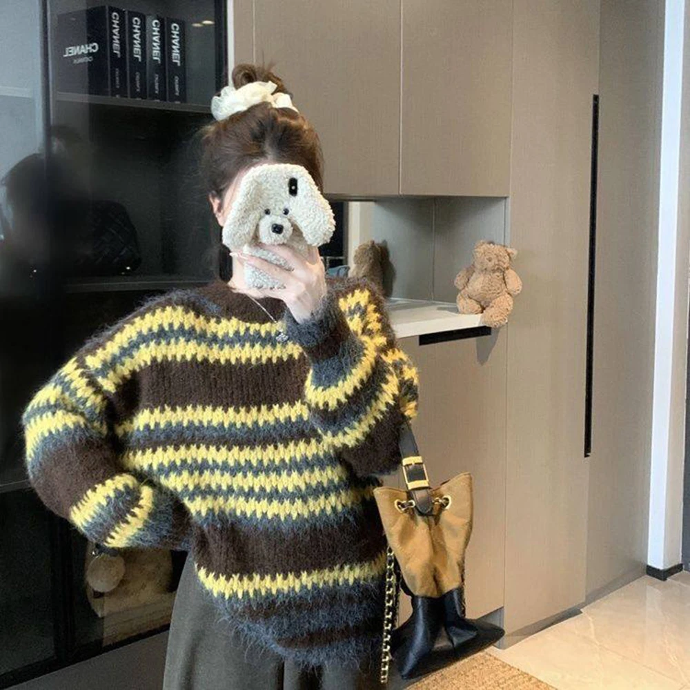 

Новый корейский полосатый свитер с контрастными цветами для женщин, свободный пуловер в стиле «ленивый шик», модный универсальный вязаный топ с круглым вырезом