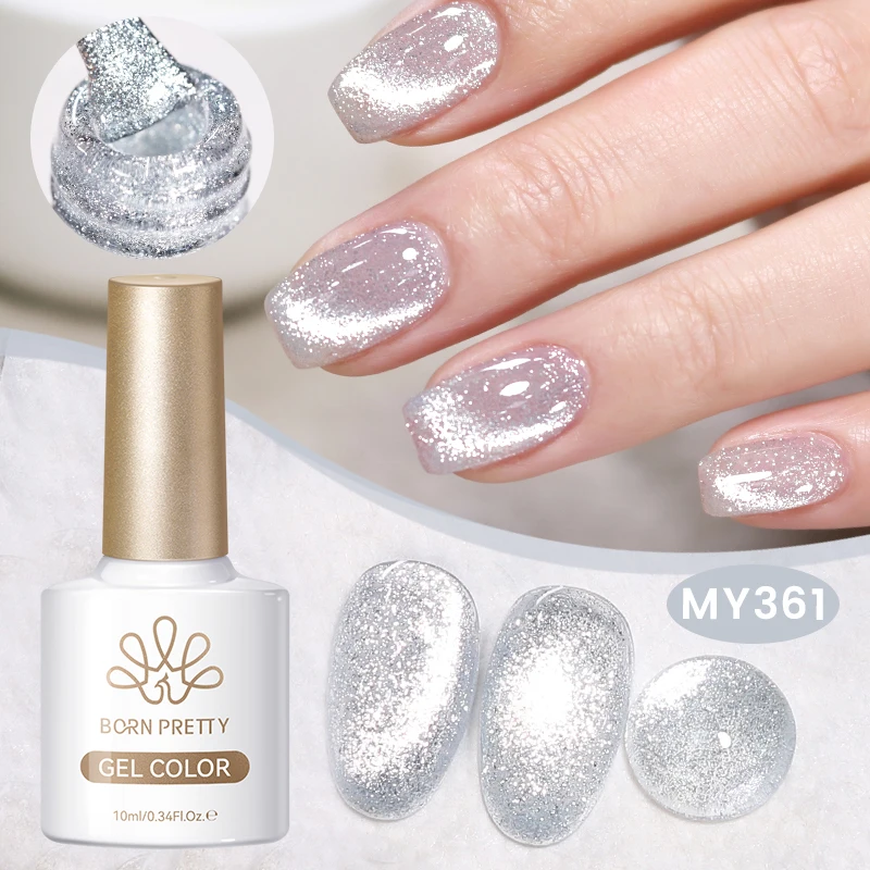 BORN PRETTY 10ml Reflektierender Glitzer Katzenaugen-Magnetgel-Lack, Leuchtend Funkelnde Silberfarbe, Semi-Permanenter UV-Nagellack für Nail Art und Maniküre