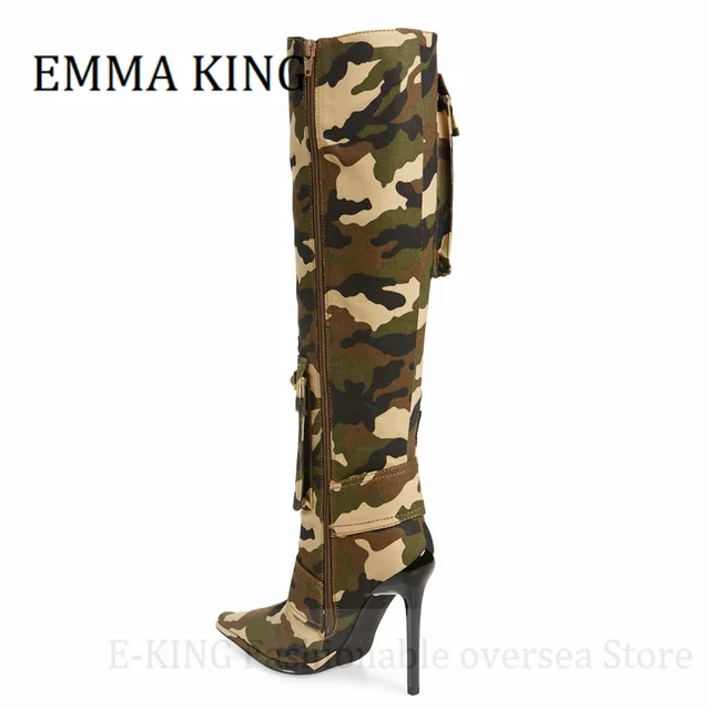 Stivali alti al ginocchio mimetici con tasche da donna stivali con tacco a spillo con punta a punta femminile stivali con cerniera laterale da donna Botas De Mujer AliExpress
