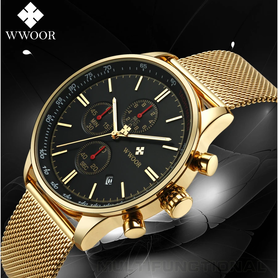 WWOOR Men's Watches Top Luxury Brand Classic Quartz Watch For Men Chronograph Waterproof Wrist Watch Stainless Steel Strap Watch