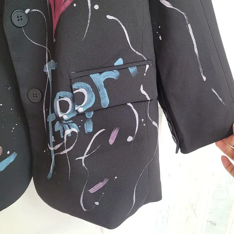 Letter Graffiti Printing Black Suit Jacket Women Spring Casual Single-breasted Notched Collar Long Sleeve Female Blazers Coat