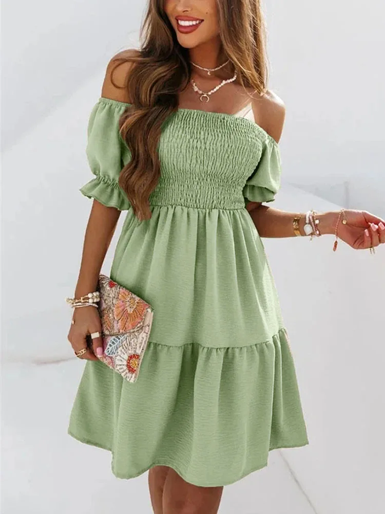 

Solid Dress Women Summer Sexy Off Shoulder Dresses Female Slash Neck Backless Puff Sleeve Dress Ladies Elegant Beach Party Dress