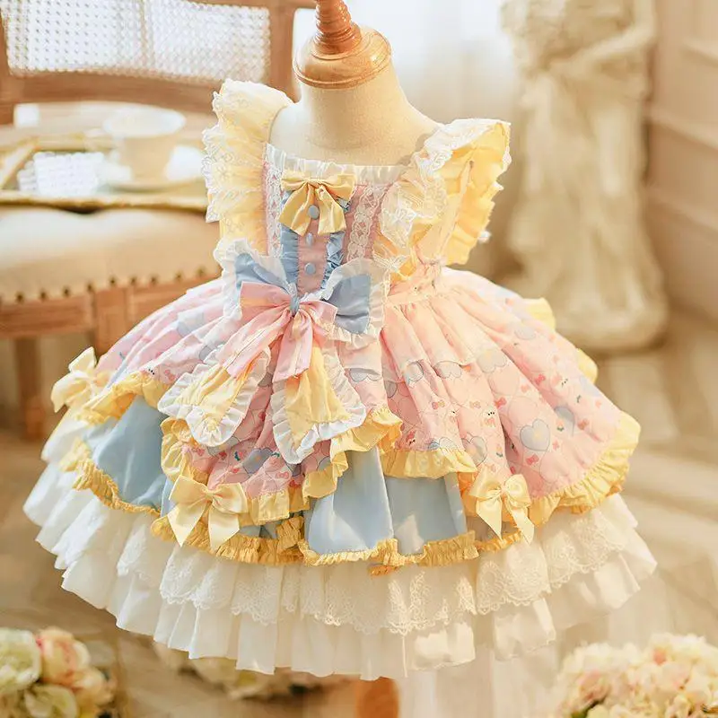 2026 New Seasonal Four-Seasons Girls' Lolita Style Butterfly Knot Cotton Cake Ruffle Candy Color Dress