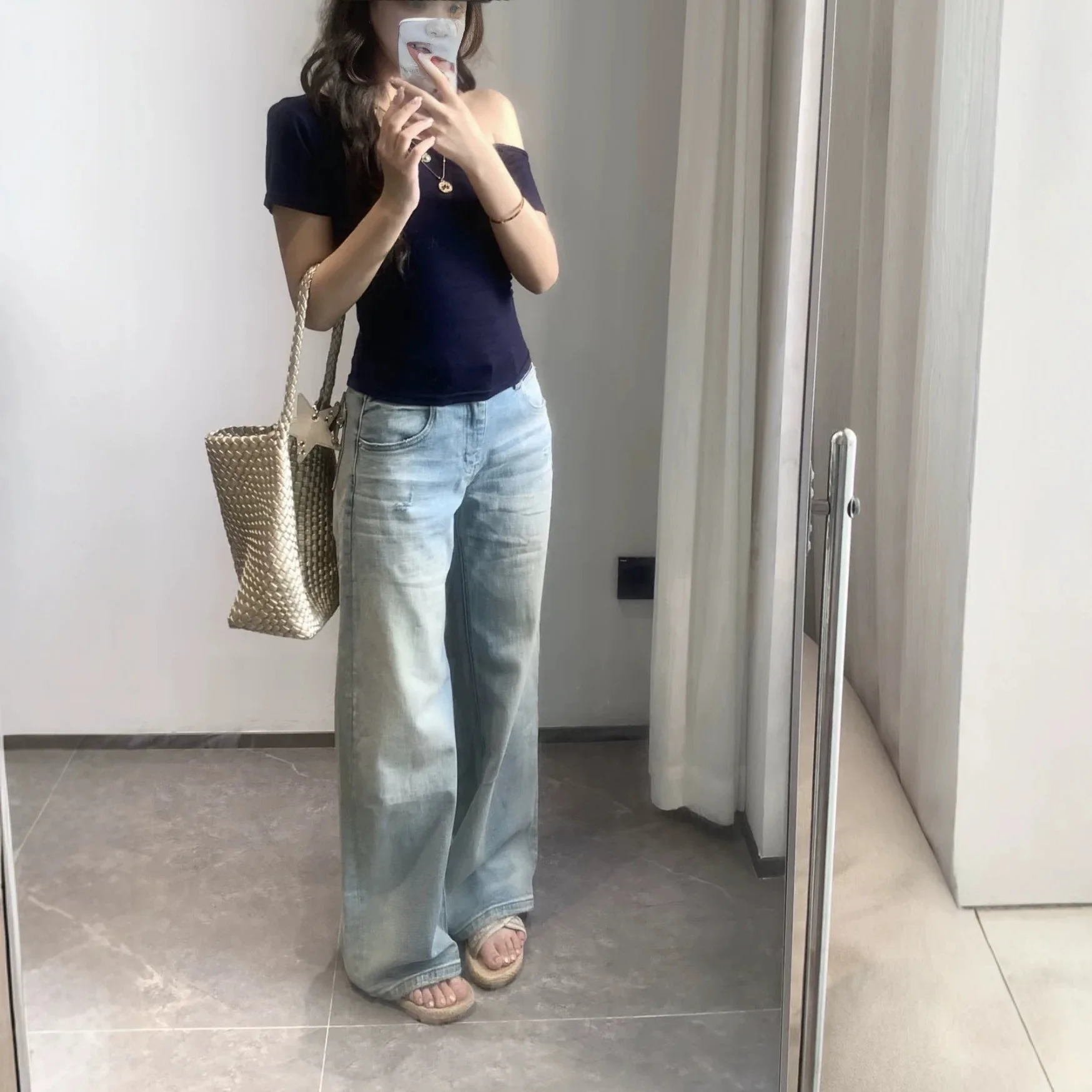 Vintage Fashion Women Mid Waist Straight Light Blue Denim Trousers Female Casual Simple Basic Daily Jeans Pants Bottom Clothes