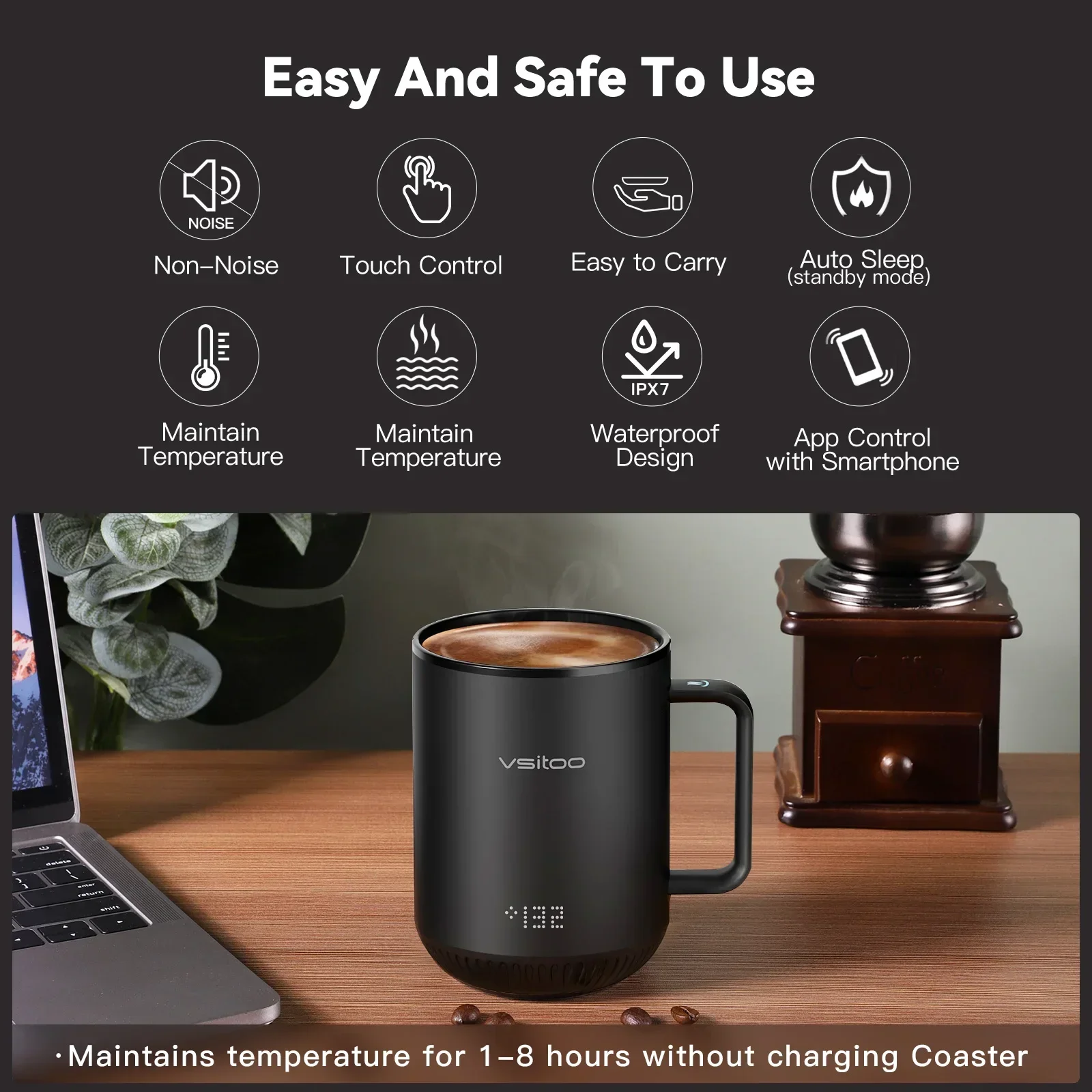 Temperature Control Smart White Mug 4-hr Battery Life, Vsitoo S3 Pro 14oz App Controlled Heated Coffee Mug