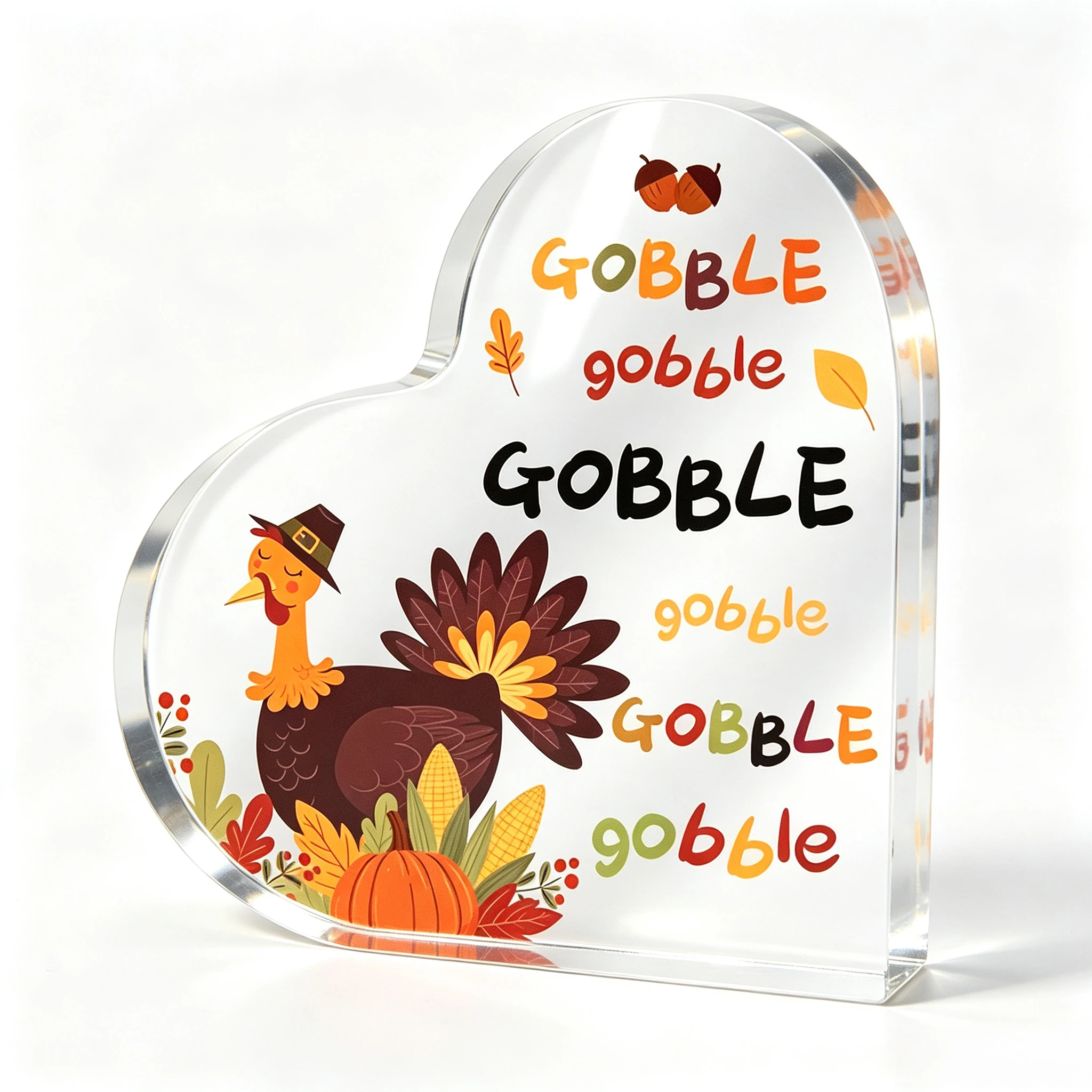 Gobble Gobble Heart‑Shaped Acrylic Plaque, Thanksgiving Turkey Desktop Decor