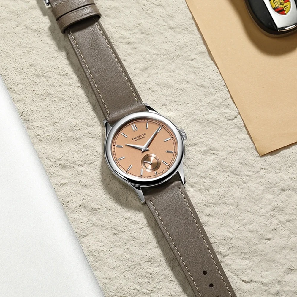FARASUTE Men Retro Watch 39mm Classic Manual Winding Mechanical Wristwatch 5Bar Waterproof Sapphire Mirror Small Second Dial