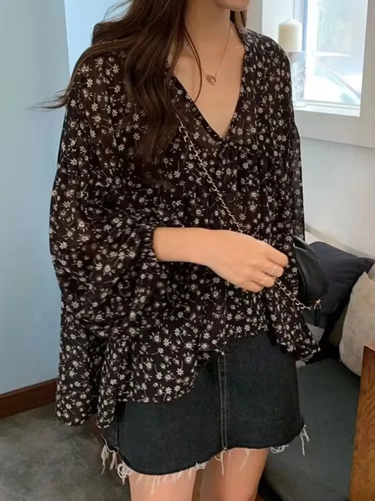 2024 Spring Floral Printed Blouse Korean Style V-neck Chiffon Shirt Women Sweet Tops Casual Loose Slim Long Sleeve Clothes 9307
