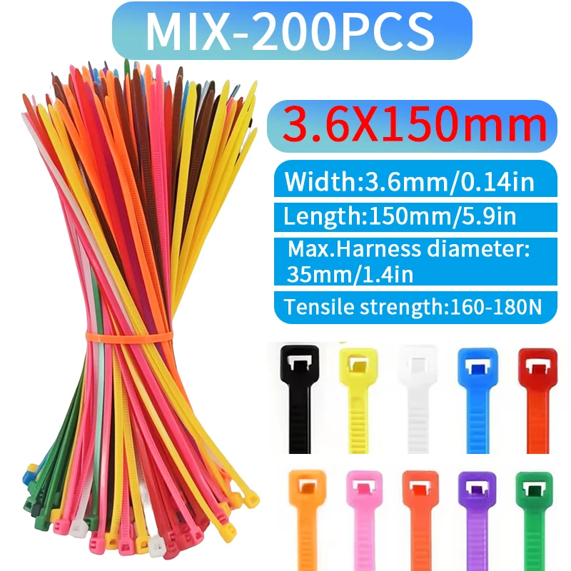 200PCS Multi color set 3.6mm Self-Locking Nylon Cable Ties Plastic Zip Tie Binding Wrap Straps Fastening Loop Home Office Wandu
