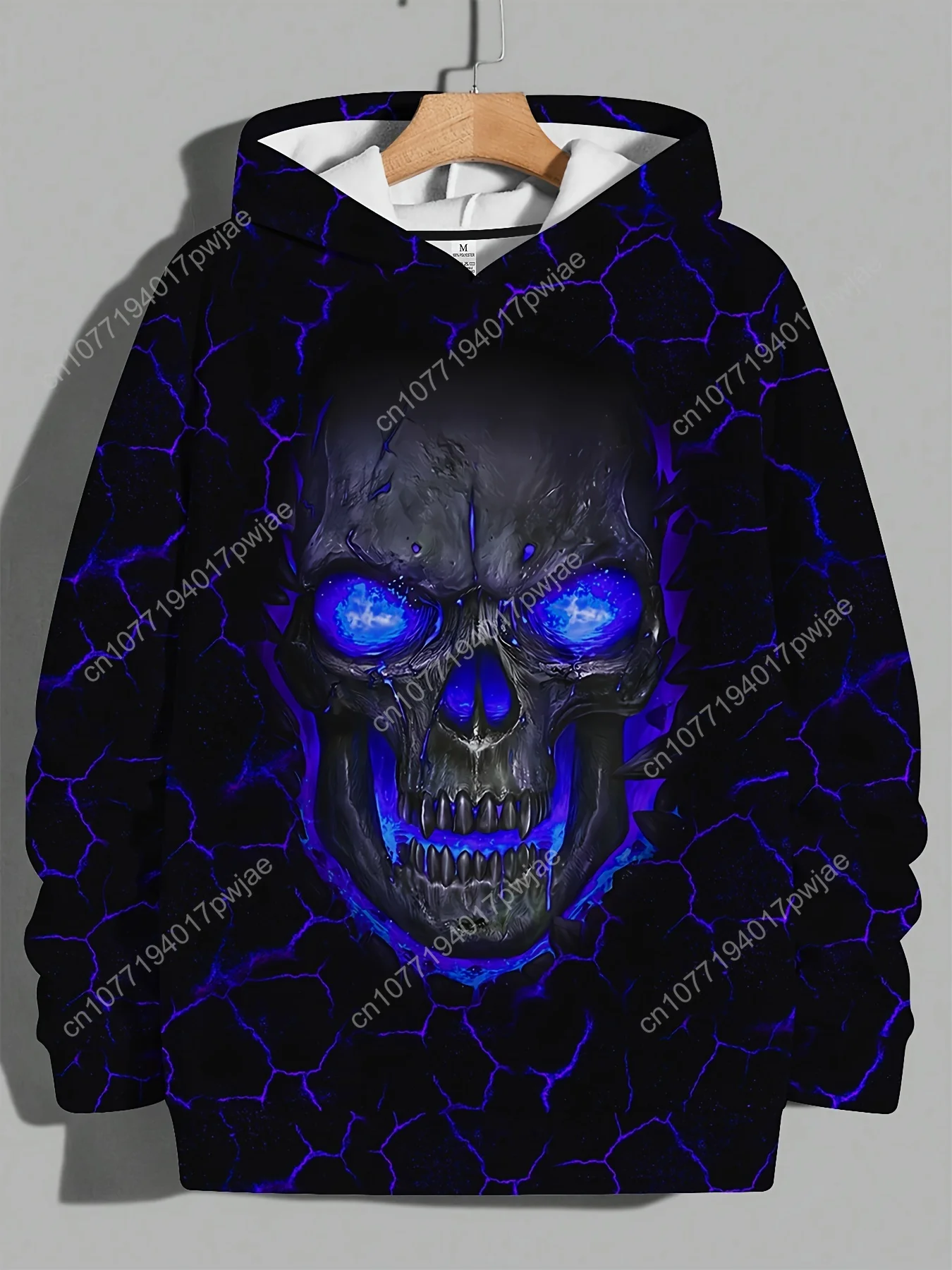 Мужская толстовка, цифровой 3D-принт со светящимся черепом и синим узором кости, готический уличный пуловер, можно стирать в машине, зимняя S
