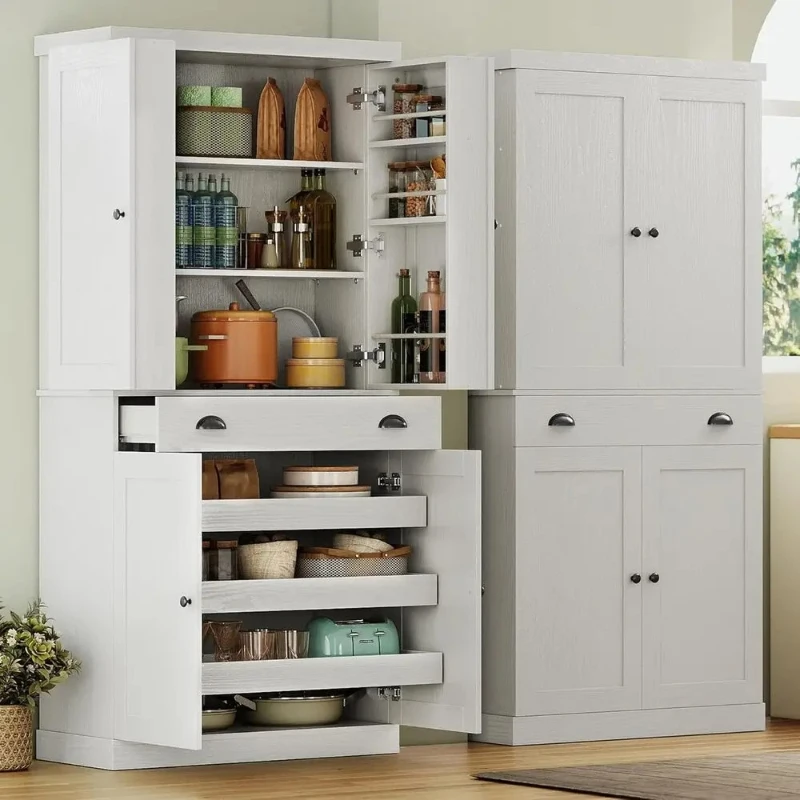 

Kitchen Pantry Cabinet 72" Height, Freestanding Cupboard with Drawer, and 6 Hanging Shelves for Dining Room,Laundry,White