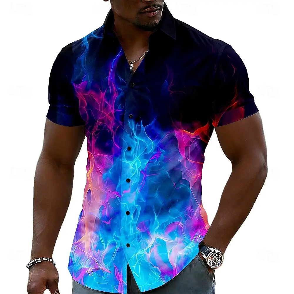Men's Optical Illusion Flame Dazzle Shirt, Short Sleeve 3D Print Casual Shirt, Blue Purple Orange