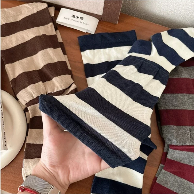 Double-Layered Striped Piled Crew Socks Classic Stripes Trend Slouch Hosiery Fashion Mid Calf Socks for Stylish Girl Daily Wear