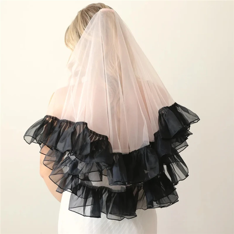 Pink And Black Ruffle Trim Wedding Bridal Veils With Comb Blusher Two Layers Tulle Unique For Brides Colored Short Fingertip