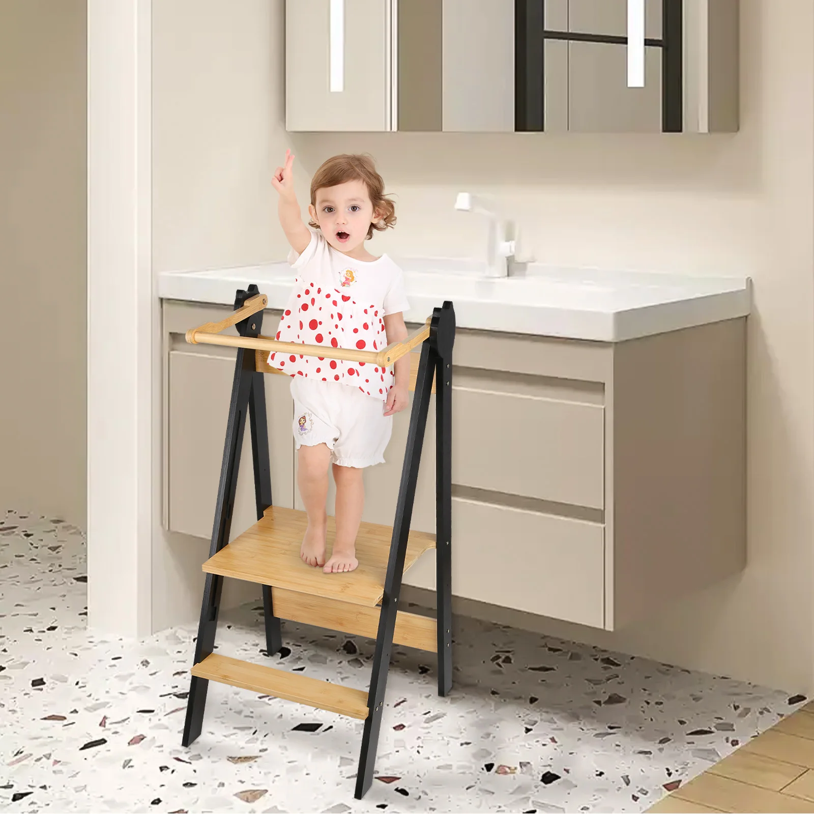 Torre de aprendizaje Montessori de bambú, tamaño pequeño y altura ajustable, para niños a partir de 1 año