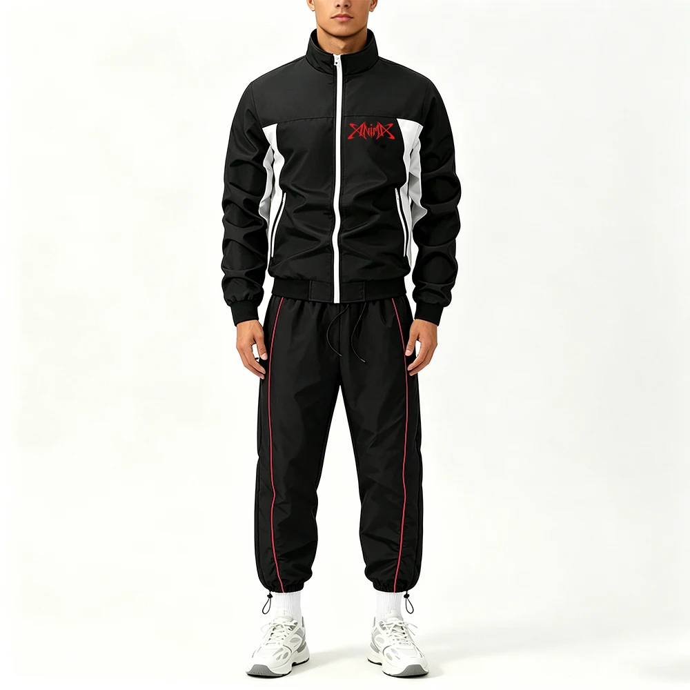 

Men's Stand Collar Zip Striped Line Jacket & Elastic Waist Side Striped Pants Casual Running Sportswear Set Gothic Text Print