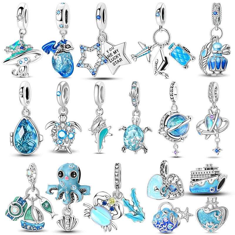 

925 Sterling Silver Dreamy Light Blue Pendant Ocean Planet Charms Beads Fit Original DIY Bracelet Necklace Birthday Jewelry