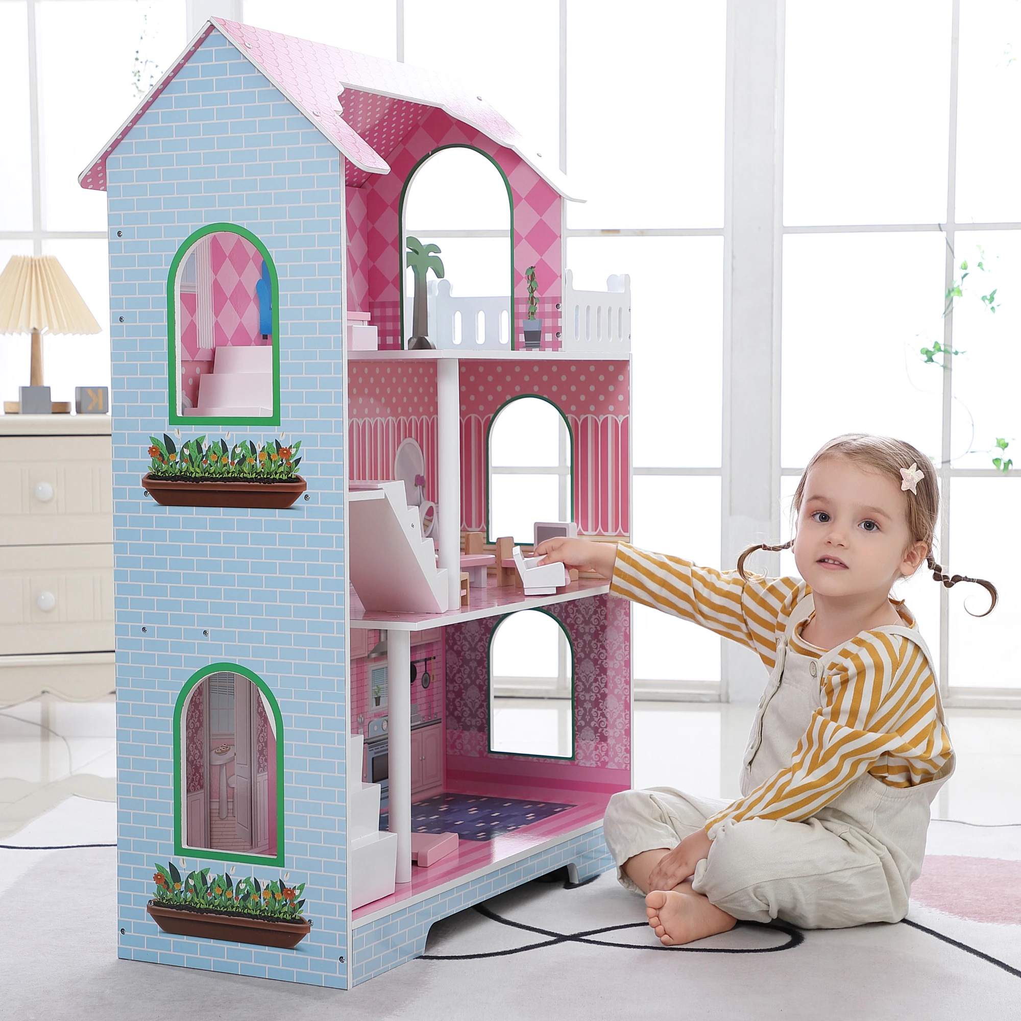 WODENY Wooden Dolls House with 11pcs Furniture & Staircase Accessories, 3-Storey Large Dollhouse Playset for Girls Kids