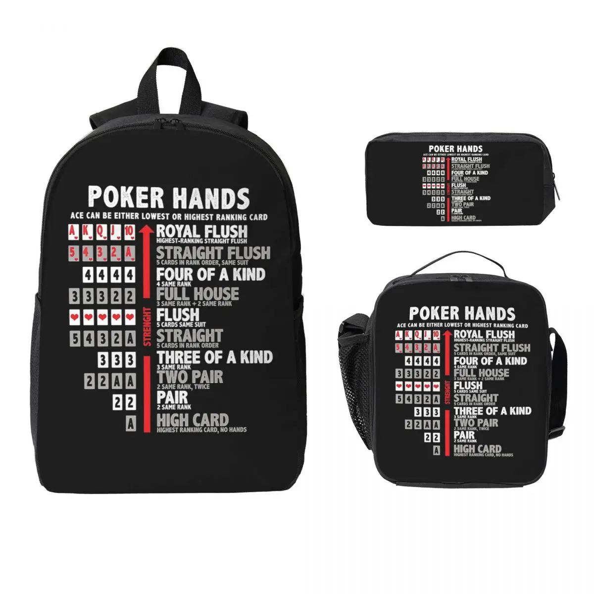Poker Hands Backpack Boys Girls BookBag School Bag Computer Shoulder Bags 3ps Insulated Lunch Bag Pencil Case