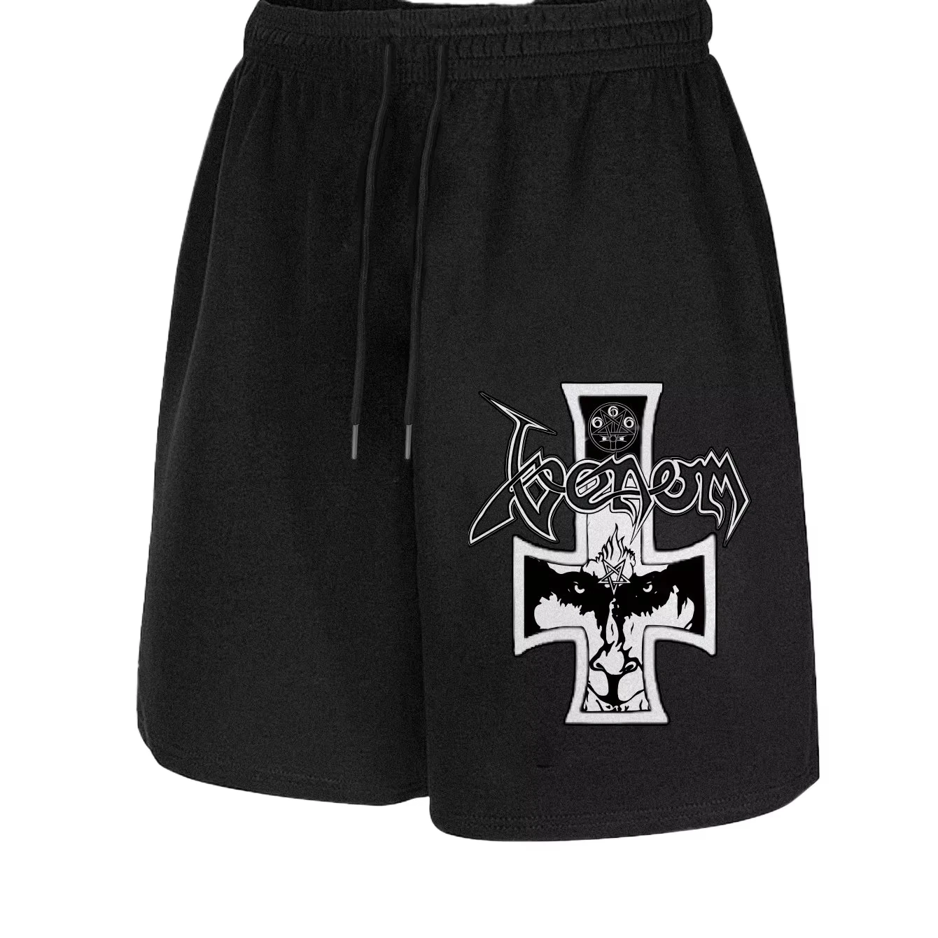 

Men Heavy Metal Band Pattern Drawstring Shorts Black with White Punk/Heavy Rock Print Vintage Print Breathable Sport Shorts Moto